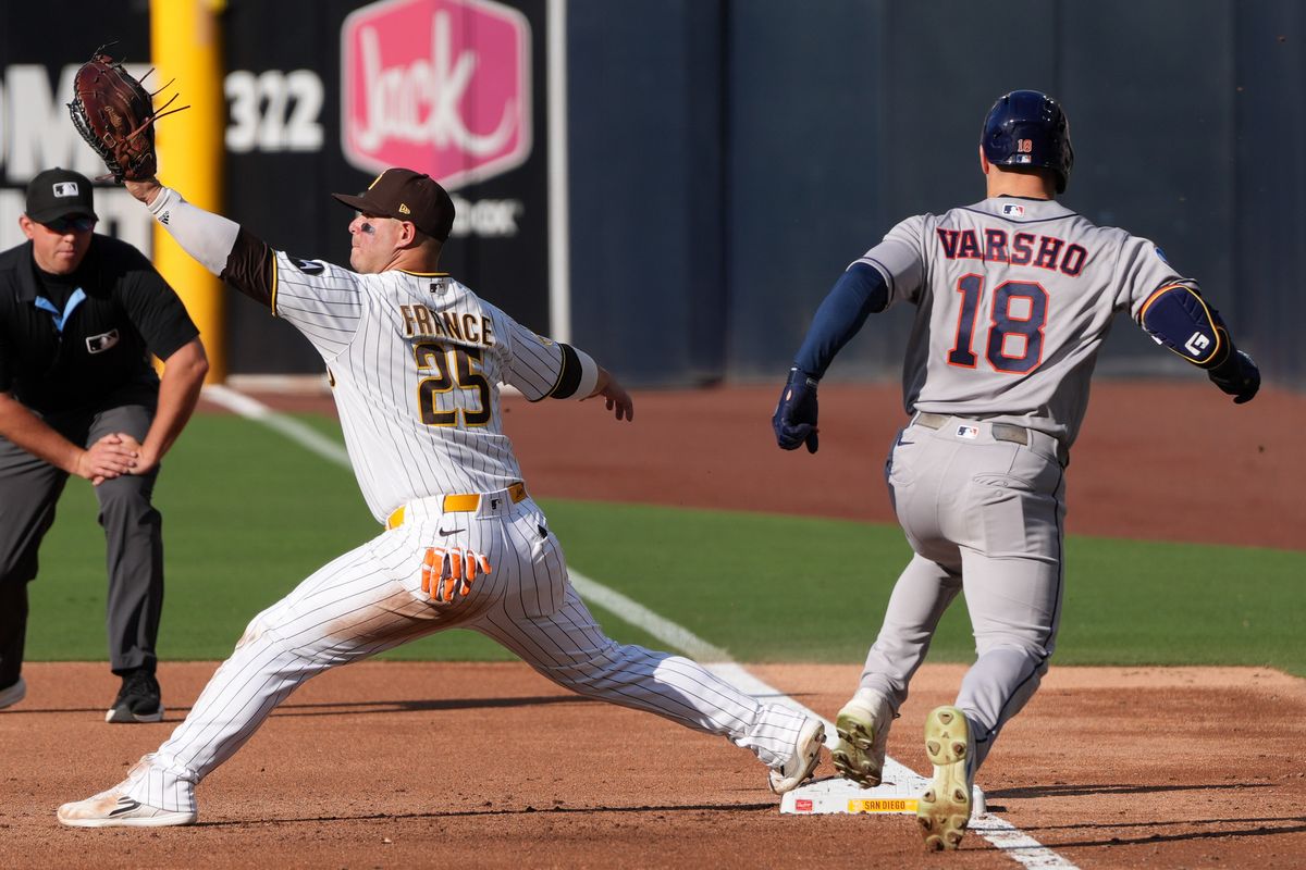 Astros center fielder Daulton Varsho (18) gets out at first during an MLB baseball game against the Padres, Saturday August 08, 2026 in San Diego, California. Astros center fielder Daulton Varsho (18) gets out at first during an MLB baseball game against the Padres, Saturday August 08, 2026 in San Diego, California.
