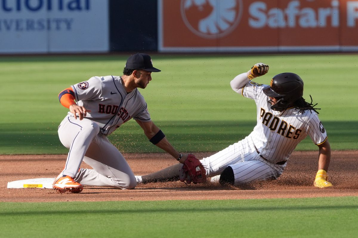 Padres right fielder Fernando Tatis Jr. (23) slides into second base during an MLB baseball game against the Astros, Saturday August 08, 2026 in San Diego, California. Padres right fielder Fernando Tatis Jr. (23) slides into second base during an MLB baseball game against the Astros, Saturday August 08, 2026 in San Diego, California.