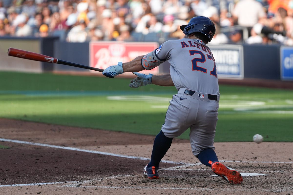 Astros second baseman Jose Altuve (27) swings and misses the ball during an MLB baseball game against the Padres, Saturday August 08, 2026 in San Diego, California. Astros second baseman Jose Altuve (27) swings and misses the ball during an MLB baseball game against the Padres, Saturday August 08, 2026 in San Diego, California.