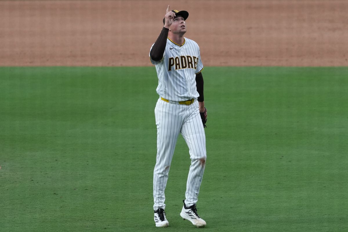 Padres relief pitcher Mason Miller (22) celebrates after striking out a batter during an MLB baseball game against the Astros, Saturday August 08, 2026 in San Diego, California. Padres relief pitcher Mason Miller (22) celebrates after striking out a batter during an MLB baseball game against the Astros, Saturday August 08, 2026 in San Diego, California.