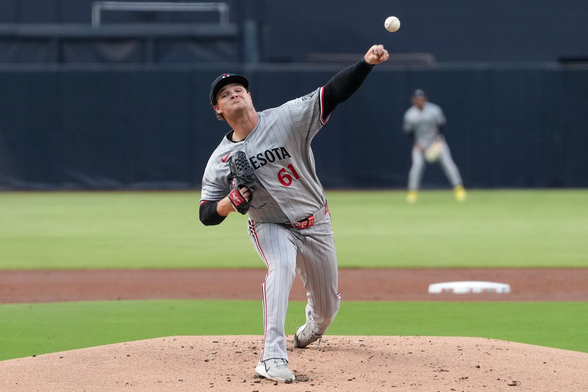 Twins starting pitcher Connor Prielipp (61) pitches the ball during an MLB baseball game against the Padres, Friday August 21, 2026 in San Diego, California. Twins starting pitcher Connor Prielipp (61) pitches the ball during an MLB baseball game against the Padres, Friday August 21, 2026 in San Diego, California.