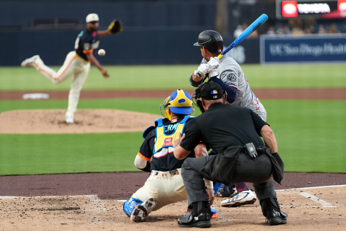 Twins third baseman Brooks Lee (22) hits a foul ball during an MLB baseball game against the Padres, Friday August 21, 2026 in San Diego, California. Twins third baseman Brooks Lee (22) hits a foul ball during an MLB baseball game against the Padres, Friday August 21, 2026 in San Diego, California.