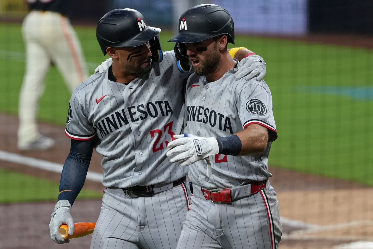 Twins first baseman Royce Lewis (23) hugs Twins first baseman Kody Clemens (2) during an MLB baseball game against the Padres, Friday August 21, 2026 in San Diego, California. Twins first baseman Royce Lewis (23) hugs Twins first baseman Kody Clemens (2) during an MLB baseball game against the Padres, Friday August 21, 2026 in San Diego, California.