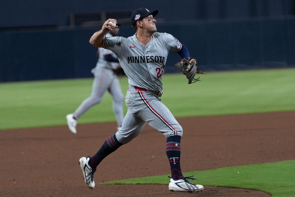 Twins third baseman Brooks Lee (22) throws to first base during an MLB baseball game against the Padres, Friday August 21, 2026 in San Diego, California. Twins third baseman Brooks Lee (22) throws to first base during an MLB baseball game against the Padres, Friday August 21, 2026 in San Diego, California.
