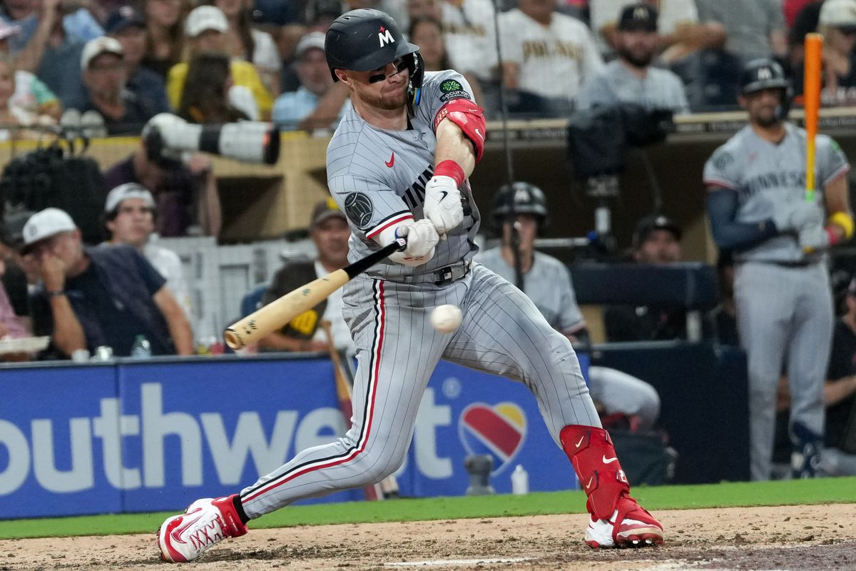 Twins catcher Ryan Jeffers (27) hits the ball during an MLB baseball game against the Padres, Friday August 21, 2026 in San Diego, California. Twins catcher Ryan Jeffers (27) hits the ball during an MLB baseball game against the Padres, Friday August 21, 2026 in San Diego, California.