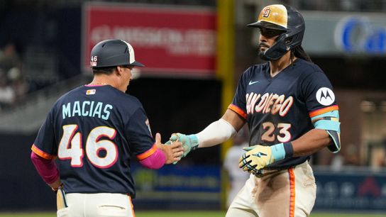 Padres right fielder Fernando Tatis Jr. (23) celebrates after a base hit during an MLB baseball game against the Twins, Friday August 21, 2026 in San Diego, California.