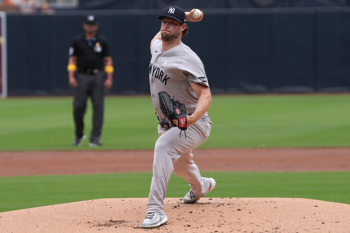Yankees starting pitcher Gerrit Cole (45) pitches the ball during an MLB baseball game against the Padres, Sunday September 06, 2026 in San Diego, California. Yankees starting pitcher Gerrit Cole (45) pitches the ball during an MLB baseball game against the Padres, Sunday September 06, 2026 in San Diego, California.