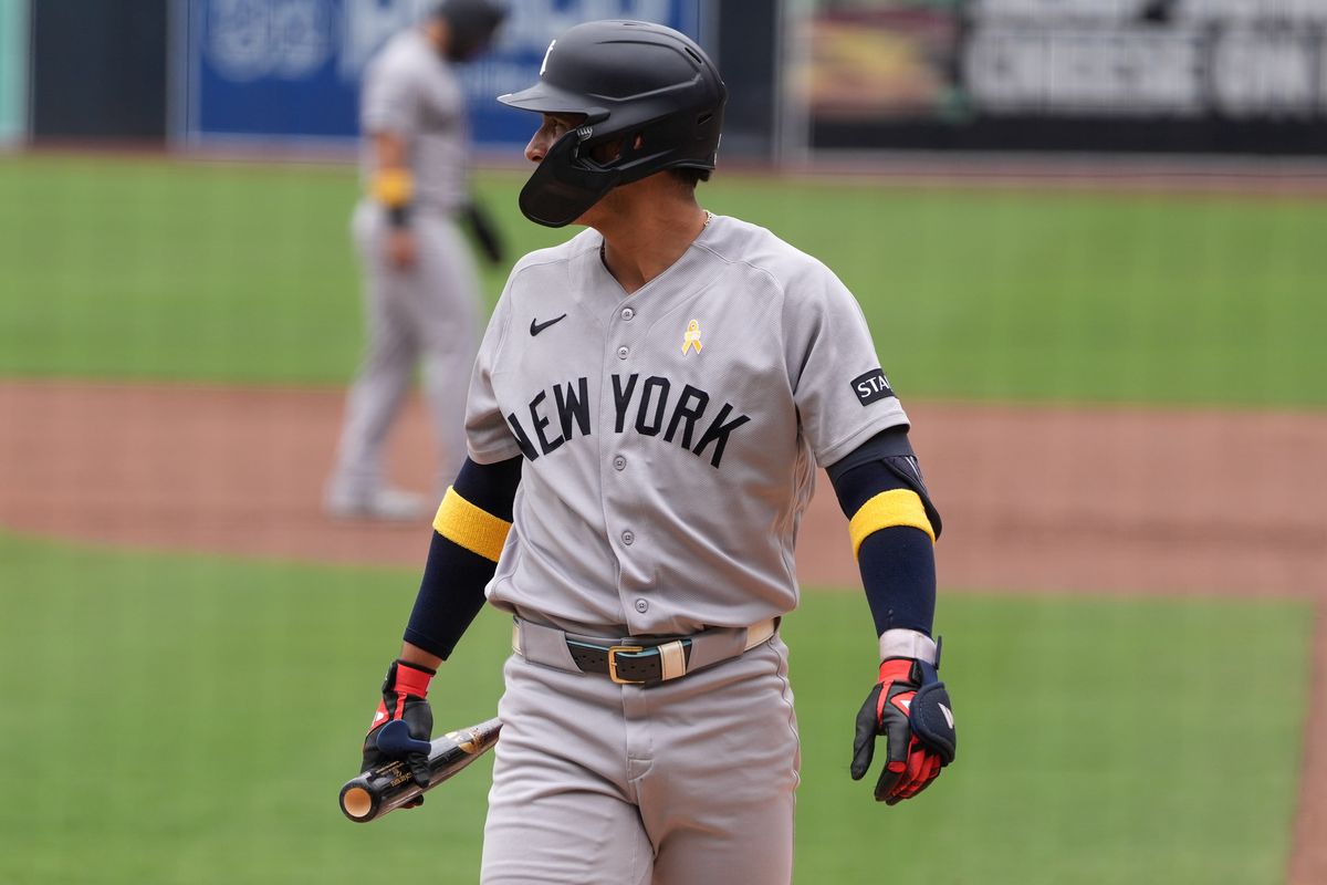 Yankees shortstop George Lombard Jr. (96) looks on after striking out during an MLB baseball game against the Padres, Sunday September 06, 2026 in San Diego, California. Yankees shortstop George Lombard Jr. (96) looks on after striking out during an MLB baseball game against the Padres, Sunday September 06, 2026 in San Diego, California.