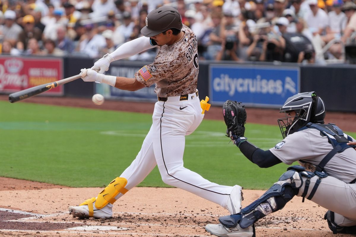 Padres catcher Ethan Salas (8) swings and misses the ball during an MLB baseball game against the Yankees, Sunday September 06, 2026 in San Diego, California. Padres catcher Ethan Salas (8) swings and misses the ball during an MLB baseball game against the Yankees, Sunday September 06, 2026 in San Diego, California.