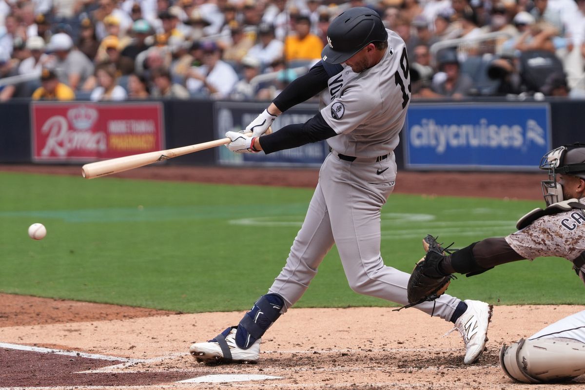 Yankees third baseman Ryan McMahon (19) hits a foul ball during an MLB baseball game against the Padres, Sunday September 06, 2026 in San Diego, California. Yankees third baseman Ryan McMahon (19) hits a foul ball during an MLB baseball game against the Padres, Sunday September 06, 2026 in San Diego, California.