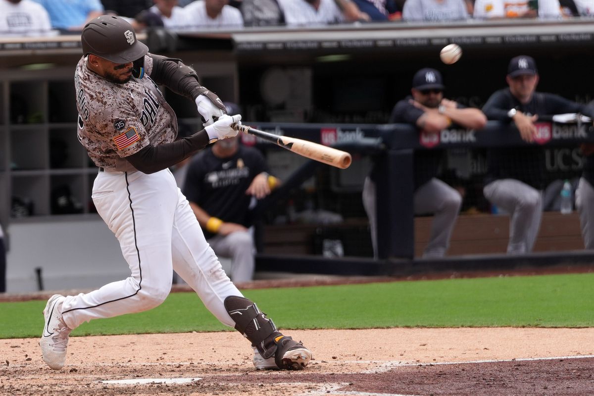 Padres catcher Luis Campusano (12) hits a home run during an MLB baseball game against the Yankees, Sunday September 06, 2026 in San Diego, California. Padres catcher Luis Campusano (12) hits a home run during an MLB baseball game against the Yankees, Sunday September 06, 2026 in San Diego, California.