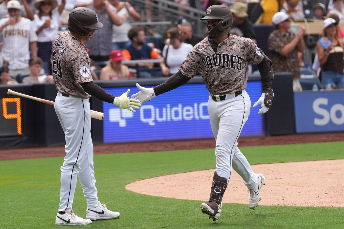 Padres catcher Luis Campusano (12) and Padres left fielder Dustin Harris (29) celebrate after hitting a home run during an MLB baseball game against the Yankees, Sunday September 06, 2026 in San Diego, California. Padres catcher Luis Campusano (12) and Padres left fielder Dustin Harris (29) celebrate after hitting a home run during an MLB baseball game against the Yankees, Sunday September 06, 2026 in San Diego, California.