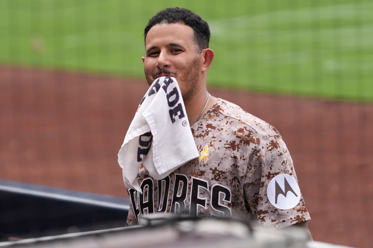 Padres third baseman Manny Machado (13) smiles at a fan during an MLB baseball game against the Yankees, Sunday September 06, 2026 in San Diego, California. Padres third baseman Manny Machado (13) smiles at a fan during an MLB baseball game against the Yankees, Sunday September 06, 2026 in San Diego, California.