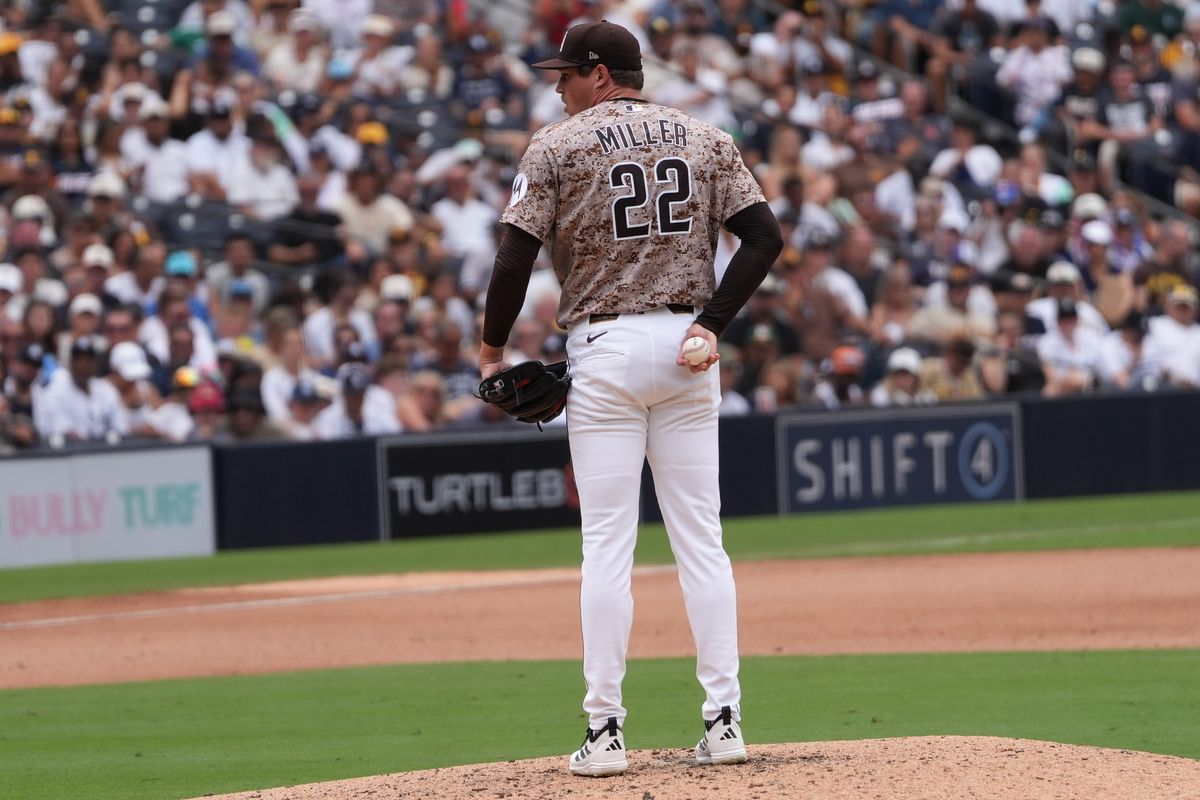 Padres relief pitcher Mason Miller (22) prepares to pitch the ball during an MLB baseball game against the Yankees, Sunday September 06, 2026 in San Diego, California. Padres relief pitcher Mason Miller (22) prepares to pitch the ball during an MLB baseball game against the Yankees, Sunday September 06, 2026 in San Diego, California.