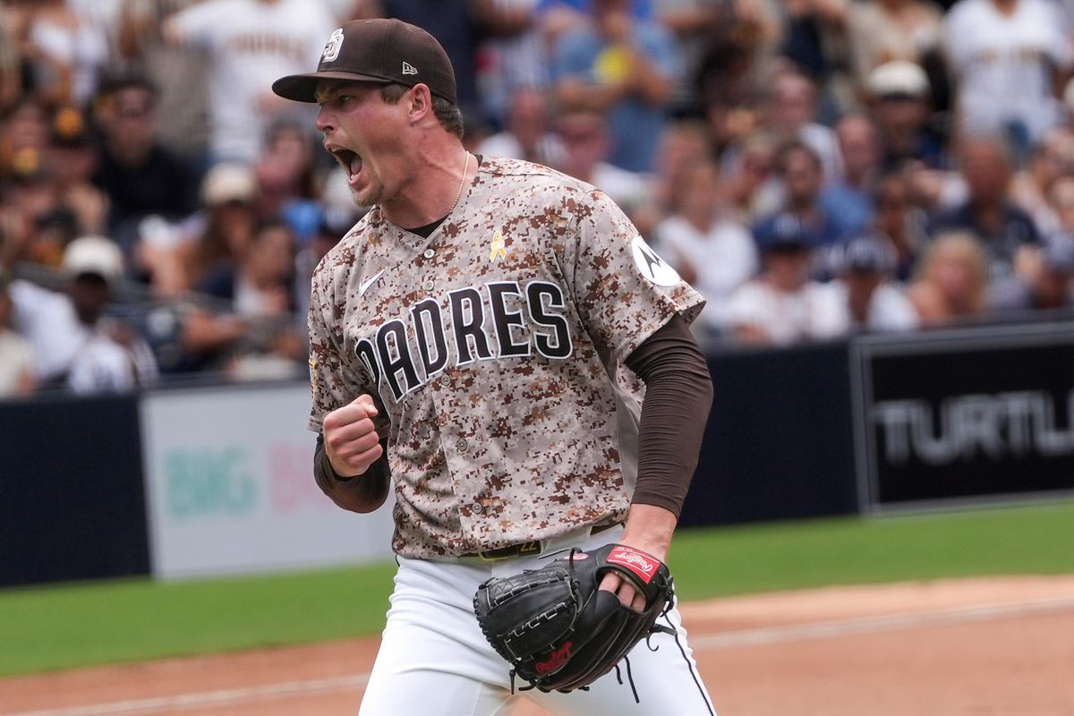 Padres relief pitcher Mason Miller (22) celebrates after striking out the late batter during an MLB baseball game against the Yankees, Sunday September 06, 2026 in San Diego, California. Padres relief pitcher Mason Miller (22) celebrates after striking out the late batter during an MLB baseball game against the Yankees, Sunday September 06, 2026 in San Diego, California.