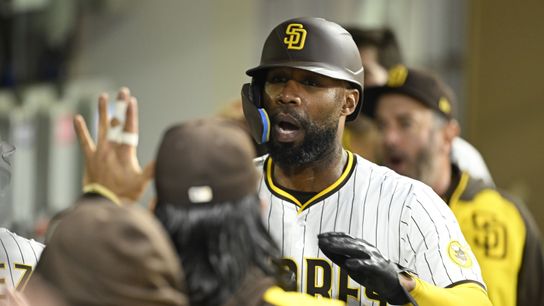 San Diego Padres left fielder Jason Heyward (22) is congratulated after scoring during the fourth inning against the San Francisco Giants at Petco Park. San Diego Padres left fielder Jason Heyward (22) is congratulated after scoring during the fourth inning against the San Francisco Giants at Petco Park.
