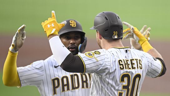 May 18, 2026; San Diego, California, USA; San Diego Padres designated hitter Miguel Andujar (41) is congratulated by first baseman Gavin Sheets (30) after hitting a solo home run during the first inning against the Los Angeles Dodgers at Petco Park. May 18, 2026; San Diego, California, USA; San Diego Padres designated hitter Miguel Andujar (41) is congratulated by first baseman Gavin Sheets (30) after hitting a solo home run during the first inning against the Los Angeles Dodgers at Petco Park.