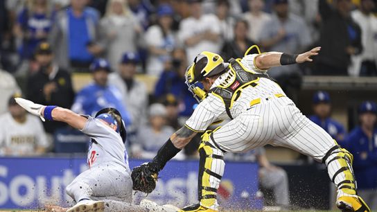 May 19, 2026; San Diego, California, USA; Los Angeles Dodgers left fielder Alex Call (12) scores ahead of the tag of San Diego Padres catcher Freddy Fermin (54) during the ninth inning at Petco Park. May 19, 2026; San Diego, California, USA; Los Angeles Dodgers left fielder Alex Call (12) scores ahead of the tag of San Diego Padres catcher Freddy Fermin (54) during the ninth inning at Petco Park.