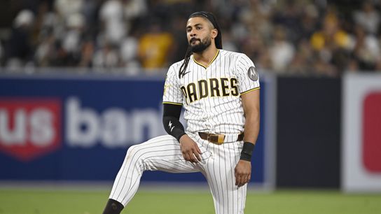 May 20, 2026; San Diego, California, USA; San Diego Padres second baseman Fernando Tatis Jr. (23) kneels on second base after being forced out during the eighth inning against the Los Angeles Dodgers at Petco Park. May 20, 2026; San Diego, California, USA; San Diego Padres second baseman Fernando Tatis Jr. (23) kneels on second base after being forced out during the eighth inning against the Los Angeles Dodgers at Petco Park.