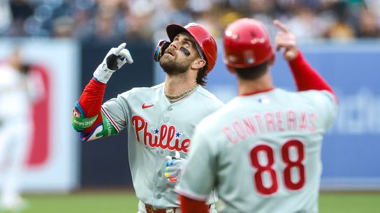 May 26, 2026; San Diego, California, USA; Philadelphia Phillies first baseman Bryce Harper (3) celebrates after hitting a one run home run during the first inning against the San Diego Padres at Petco Park. May 26, 2026; San Diego, California, USA; Philadelphia Phillies first baseman Bryce Harper (3) celebrates after hitting a one run home run during the first inning against the San Diego Padres at Petco Park.