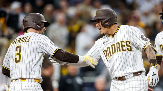 May 26, 2026; San Diego, California, USA; San Diego Padres third baseman Manny Machado (13) celebrates with center fielder Jackson Merrill (3) after hitting a two-run home run during the fourth inning against the Philadelphia Phillies at Petco Park. May 26, 2026; San Diego, California, USA; San Diego Padres third baseman Manny Machado (13) celebrates with center fielder Jackson Merrill (3) after hitting a two-run home run during the fourth inning against the Philadelphia Phillies at Petco Park.