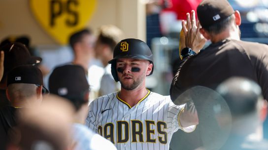 Jun 10, 2026; San Diego, California, USA; San Diego Padres center fielder Jackson Merrill (3) celebrates in the dugout after scoring a run during the eighth inning against the Cincinnati Reds at Petco Park. Jun 10, 2026; San Diego, California, USA; San Diego Padres center fielder Jackson Merrill (3) celebrates in the dugout after scoring a run during the eighth inning against the Cincinnati Reds at Petco Park.
