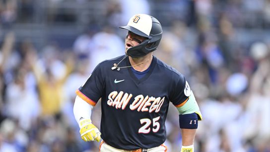 Jun 26, 2026; San Diego, California, USA; San Diego Padres first baseman Ty France (25) celebrates after hitting a three-run home run during the second inning against the Los Angeles Dodgers at Petco Park.