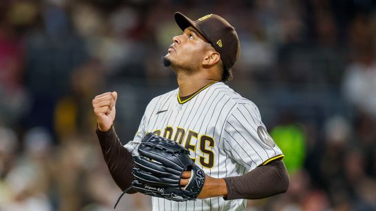 Jul 7, 2026; San Diego, California, USA; San Diego Padres relief pitcher Jhony Brito (76) celebrates during the seventh inning against the Arizona Diamondbacks at Petco Park. Jul 7, 2026; San Diego, California, USA; San Diego Padres relief pitcher Jhony Brito (76) celebrates during the seventh inning against the Arizona Diamondbacks at Petco Park.