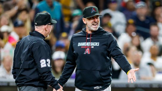 Jul 8, 2026; San Diego, California, USA; Arizona Diamondbacks manager Torey Lovullo (17) argues with third base umpire Lance Barksdale (23) after being ejected during the fifth inning against the San Diego Padres at Petco Park. Jul 8, 2026; San Diego, California, USA; Arizona Diamondbacks manager Torey Lovullo (17) argues with third base umpire Lance Barksdale (23) after being ejected during the fifth inning against the San Diego Padres at Petco Park.