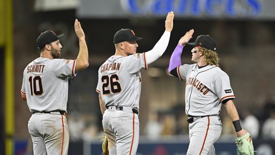 Mar 30, 2026; San Diego, California, USA; San Francisco Giants first baseman Casey Schmitt (10), left, Matt Chapman (26), center, and Harrison Bader (9) high-five after the Giants beat the San Diego Padres at Petco Park. 