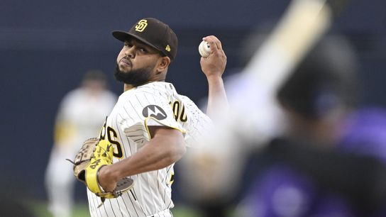 Apr 9, 2026; San Diego, California, USA; San Diego Padres starting pitcher Randy Vasquez (98) delivers a pitch during the first inning against the San Diego Padres at Petco Park.