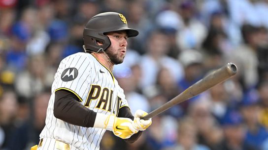 Apr 27, 2026; San Diego, California, USA; San Diego Padres center fielder Jackson Merrill (3) hits an RBI single during the first inning against the Chicago Cubs at Petco Park. 
