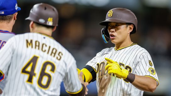 Jun 6, 2026; San Diego, California, USA; San Diego Padres second baseman Sung-Mun Song (24) celebrates after hitting a single during the fifth inning against the New York Mets at Petco Park. 