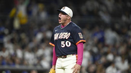 Jun 26, 2026; San Diego, California, USA; San Diego Padres pitcher Adrian Morejon (50) celebrates after pitching during the seventh inning against the Los Angeles Dodgers at Petco Park.