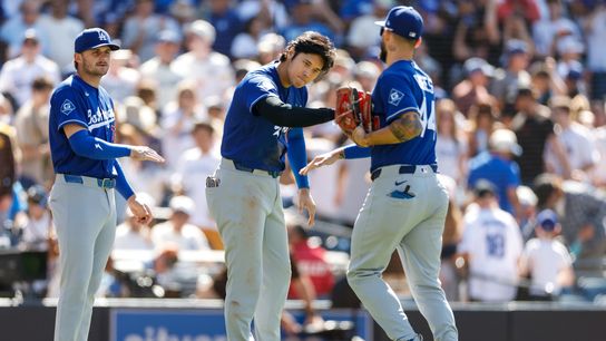 Jun 28, 2026; San Diego, California, USA; Los Angeles Dodgers designated hitter Shohei Ohtani (17) celebrates with center fielder Andy Pages (44) after defeating the San Diego Padres at Petco Park. 
