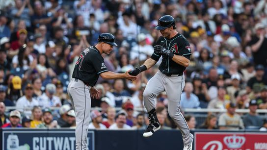 Jul 6, 2026; San Diego, California, USA; Arizona Diamondbacks left fielder Max Kepler (22) high fives third base coach J.R. House after hitting a three run home run in the third inning against the San Diego Padres at Petco Park. Jul 6, 2026; San Diego, California, USA; Arizona Diamondbacks left fielder Max Kepler (22) high fives third base coach J.R. House after hitting a three run home run in the third inning against the San Diego Padres at Petco Park.