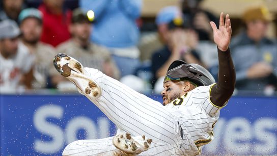 Jul 8, 2026; San Diego, California, USA; San Diego Padres catcher Luis Campusano (12) scores a run during the fourth inning against the Arizona Diamondbacks at Petco Park. Jul 8, 2026; San Diego, California, USA; San Diego Padres catcher Luis Campusano (12) scores a run during the fourth inning against the Arizona Diamondbacks at Petco Park.
