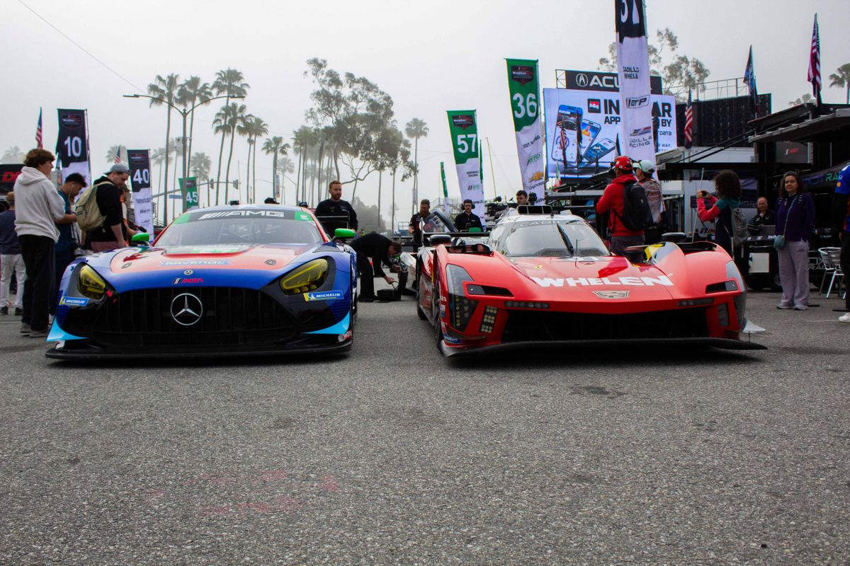 Wineward Racing's Mercedes-AMG and Cadillac Whelen's Cadillac V-Series R side-by-side at the Friday practice sessions at the 2025 Acura Grand Prix of Long Beach.