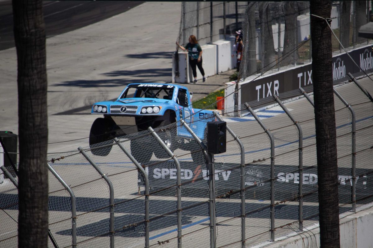  A truck jumps during the SuperTruck practice sessions at the 2025 Acura Grand Prix of Long Beach. 
