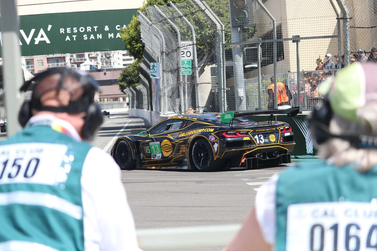 AWA's Corvette ZO6 GT3 R, driven by Otey Fidani and Mathew Bell, comes down the track at the 2025 Acura Grand Prix of Long Beach