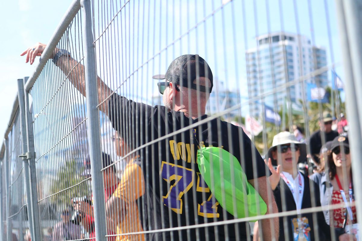  Los Angeles culture collides as a fan in a Luka Doncic Lakers jersey watches the races at the 2025 Acura Grand Prix of Long Beach. 