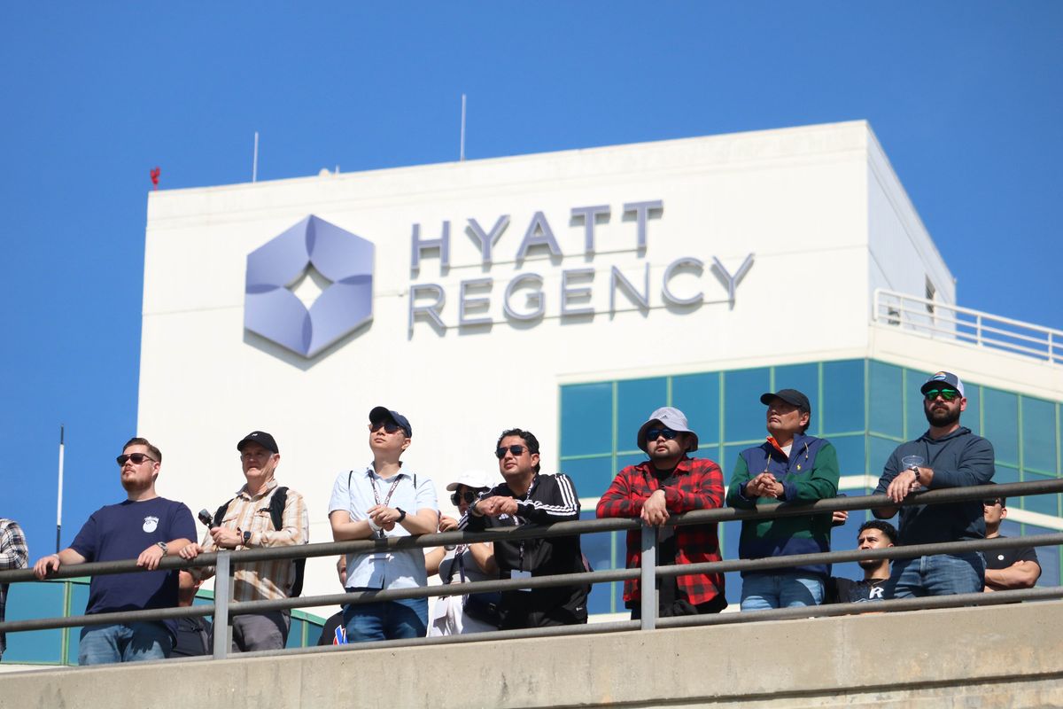Some fans found a vantage point on a bridge high above the track at the 2025 Acura Grand Prix of Long Beach.