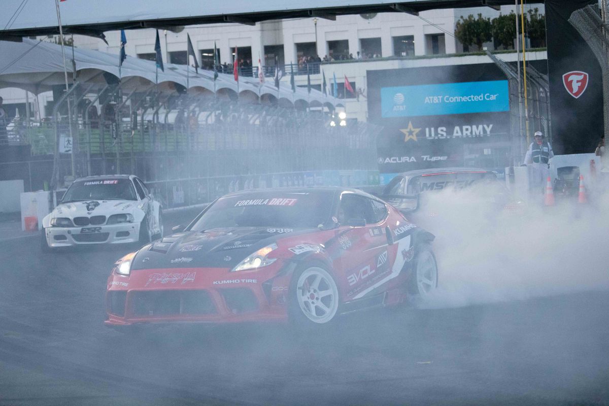Formula Drift drivers stir up smoke with donuts during SuperDrift Challenge #2 at the 2025 Acura Grand Prix of Long Beach.