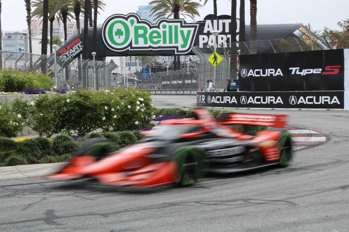  Santano Ferrucci (14) rushes around a turn at the 2025 Acura Grand Prix of Long Beach.