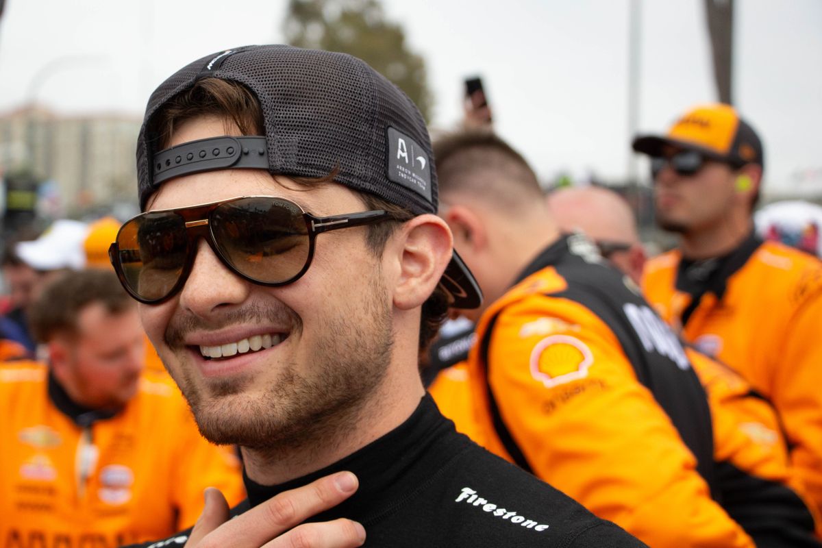Arrow McLaren driver Pato O'Ward addresses fans pre-race at the 2025 Acura Grand Prix of Long Beach.