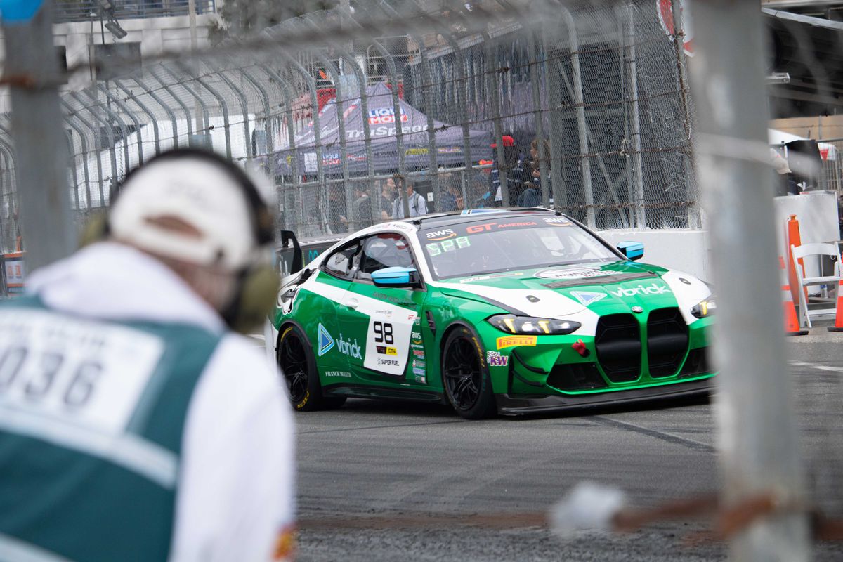 Paul Sparta (98) comes down the track during GT America Race #2 at the 2025 Acura Grand Prix of Long Beach.