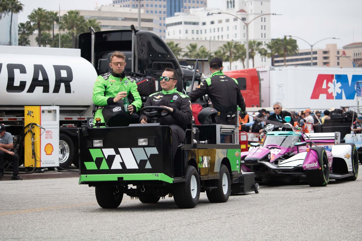 The Juncos Hollinger Racing team pulls their driver Conor Daly onto the track ahead of the NTT IndyCar Grand Prix at the 2025 Acura Grand Prix of Long Beach. 