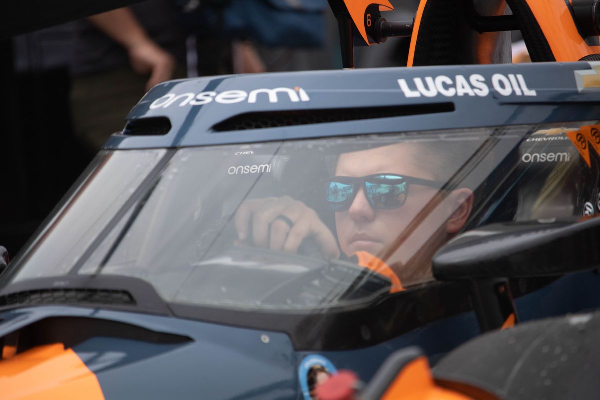 Arrow McLaren driver Nolan Siegel in his car before the NTT IndyCar Series Grand Prix at the 2025 Acura Grand Prix of Long Beach. 