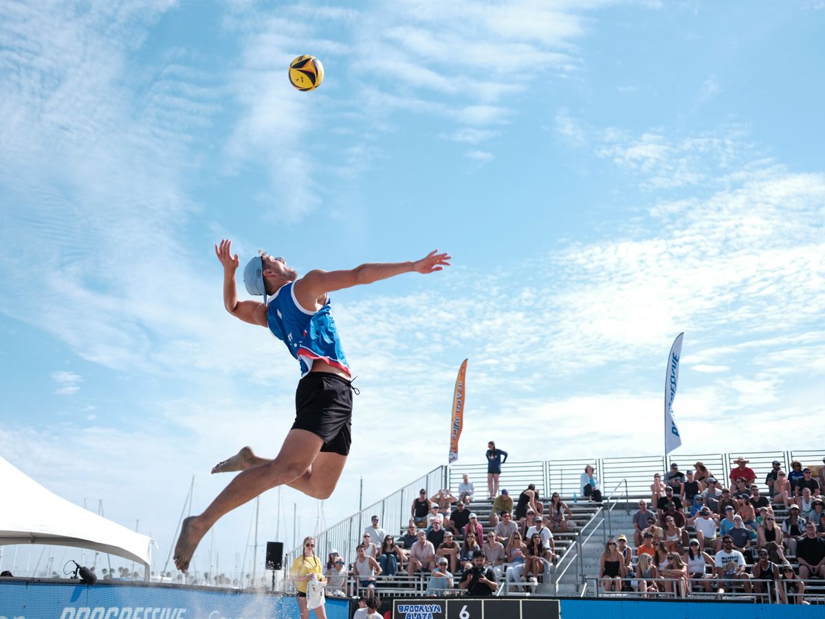 Brooklyn Blaze's Evan Cory goes up for a jump serve during a match between Brooklyn Blaze and Dallas Dream at the AVP Long Beach on Saturday, July 11, at Alamitos Beach, Long Beach Calif, Brooklyn Blaze's Evan Cory goes up for a jump serve during a match between Brooklyn Blaze and Dallas Dream at the AVP Long Beach on Saturday, July 11, at Alamitos Beach, Long Beach Calif,
