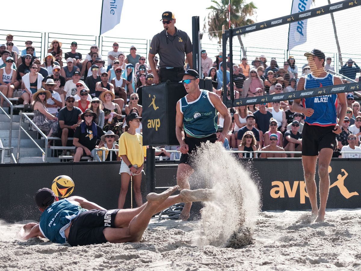Dallas Dream's Miles Partain dives to save the ball during a match between Brooklyn Blaze and Dallas Dream at the AVP Long Beach on Saturday, July 11, at Alamitos Beach, Long Beach Calif, Dallas Dream's Miles Partain dives to save the ball during a match between Brooklyn Blaze and Dallas Dream at the AVP Long Beach on Saturday, July 11, at Alamitos Beach, Long Beach Calif,